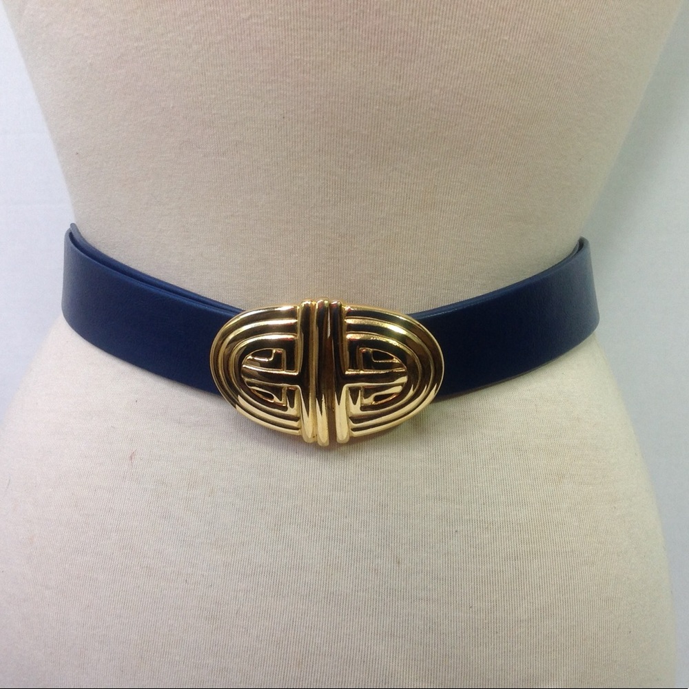 Vintage Blue Leather Belt Buckle Gold Crest